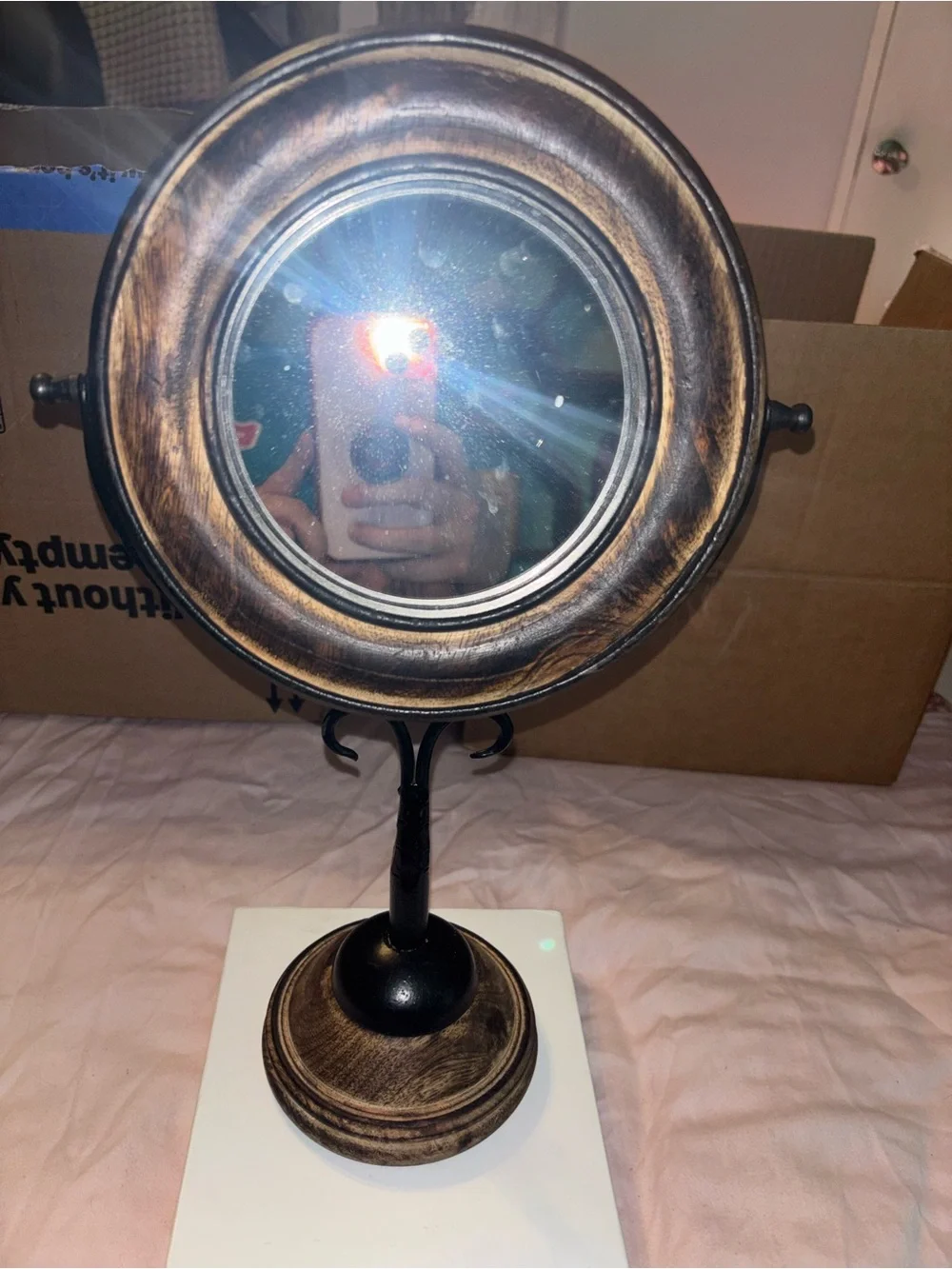 Vintage-Style Round Vanity Mirror in Distressed Brown and Black